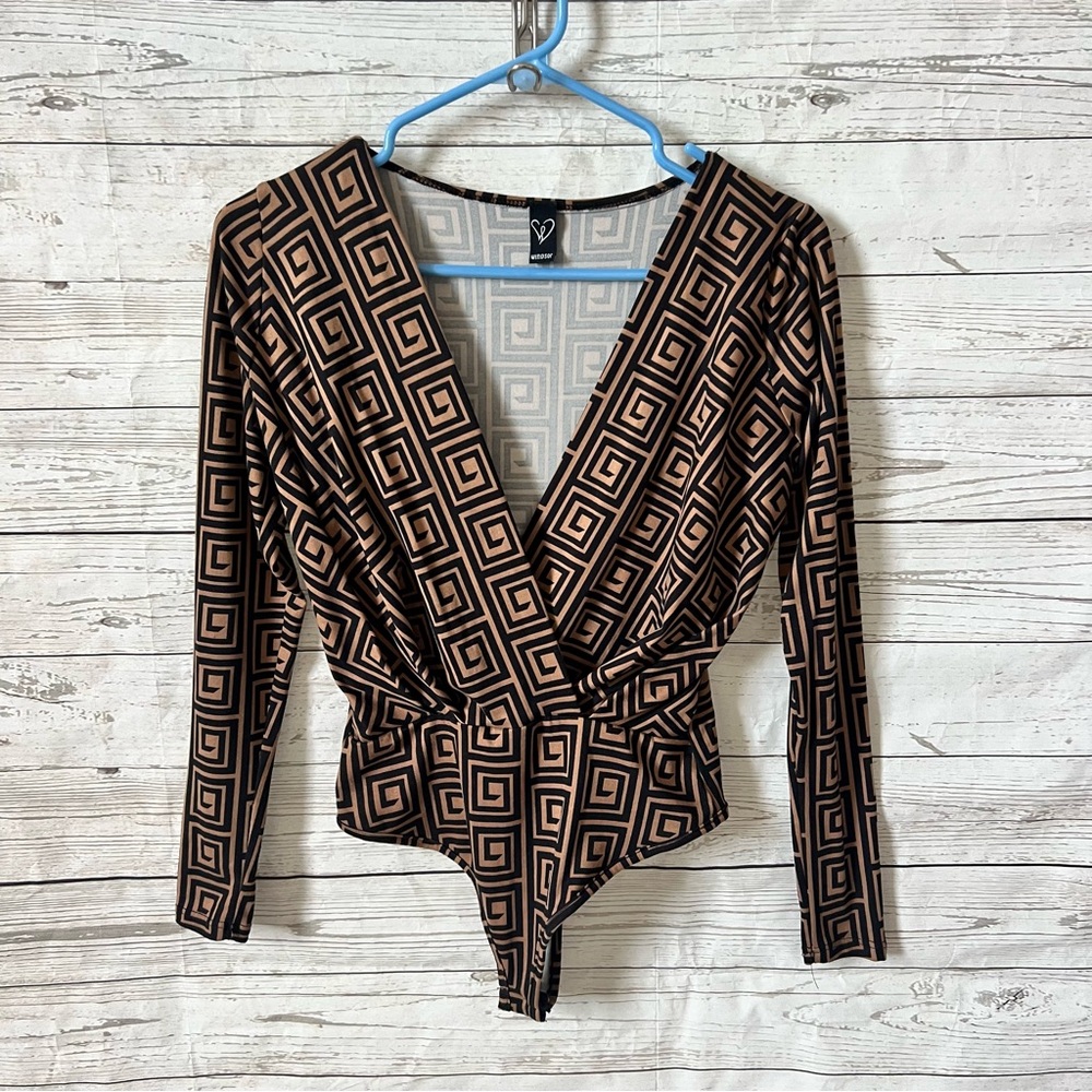 Geometric Patterned Bodysuit - Black and Tan